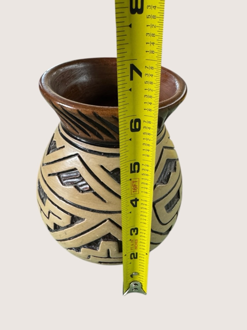 Hand Carved Mexican Redware Pottery Vase Tribal Marajoara Style Boho Decor - Picture 9 of 11